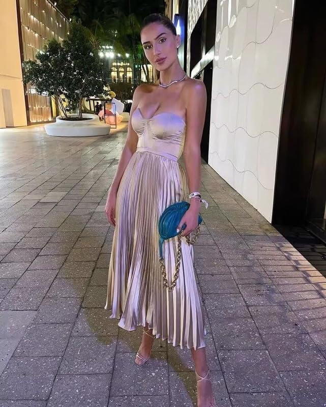 Women's Strapless Bridesmaid Dresses Pleated Satin Evening Formal Dress with Scarf4