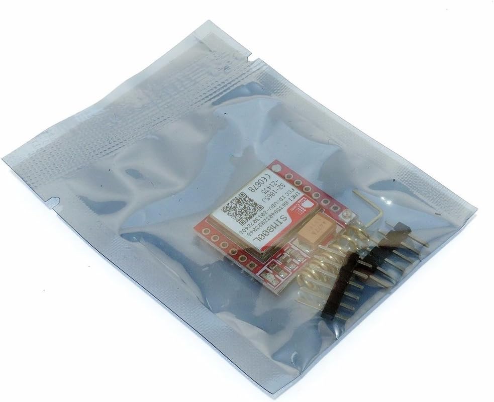 HiLetgo SIM800L GPRS GSM Breakout Module and antenna inside anti-static packaging.