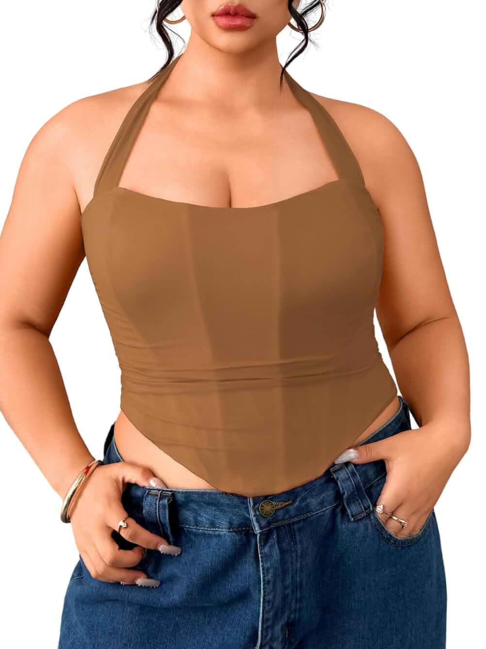 ChiaoLezhee Women's Plus Size Sexy Halter Boned Corset, Square Neck Mesh Lace Up Crop Top, Club Going Out Outfits (14W-22W)