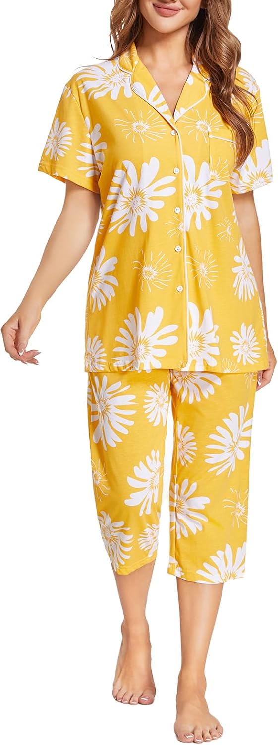 Tugege Capri Pajamas Set Womens Button Down Short Sleeve Lounge Sets Sleepwear Notch Collar Top & Capri 2 Piece PJ Sets - Image 6