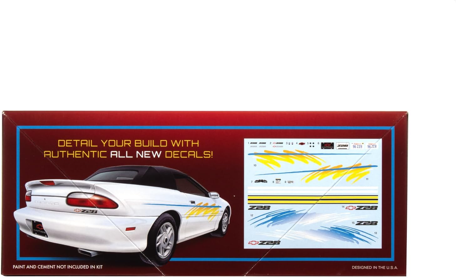 AMT 1996 Chevy Camaro Z28 Convertible 1:25 Scale Model Kit – 350 Cu. in. V-8 Engine, Convertible Soft Top & Boot Cover, Detailed Interior, Z28 Wheels & New Decals
