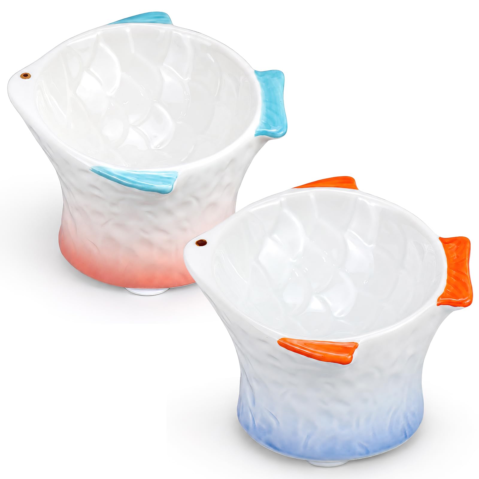 2 Pack Ceramic Raised Cat Bowls, Tilted Fish Shaped Pet Food Dishes
