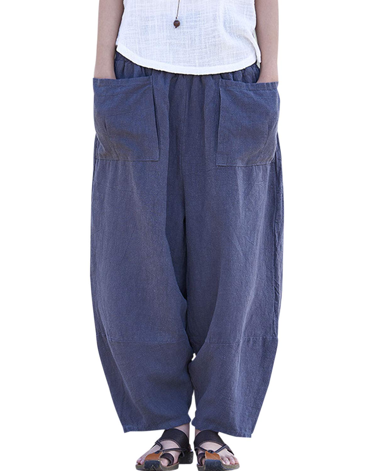 Women's Casual Linen Pants Wide Leg Trousers with Elastic Waist