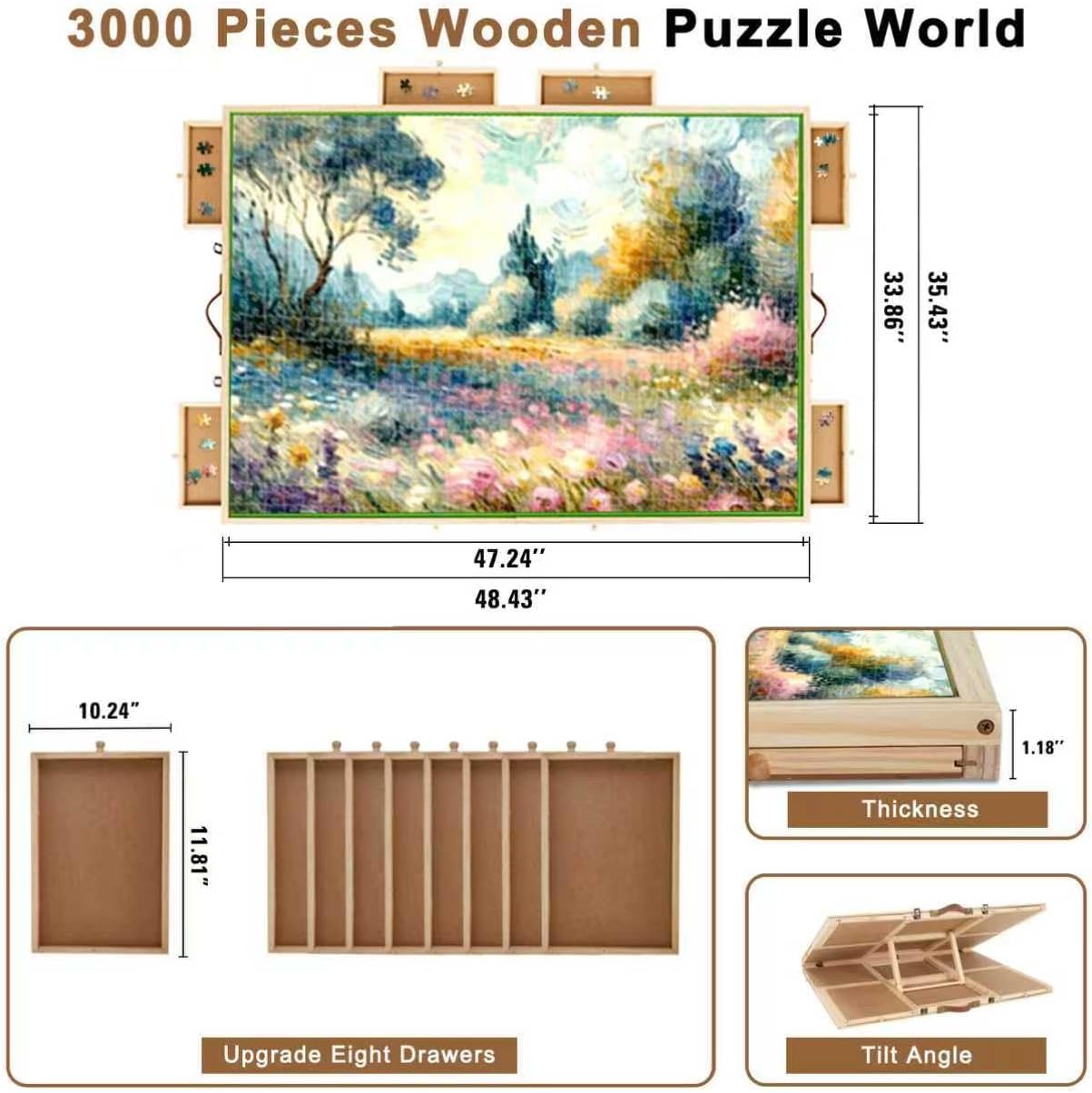 3000 Pcs Ertra Large Foldable Puzzle Board with 8 Storage Drawers & Cover - Jigsaw Puzzles Table, Lightweight & Wooden Portable Puzzle Boards, Jig Saw Tray, Perfect for Adults Gifts