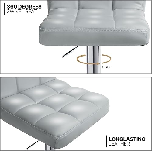 Miniatura 6 de MoNiBloom Juego de 4 taburetes de bar plateados, de piel sintética, asiento moderno de altura ajustable con reposapiés y base de metal para silla de