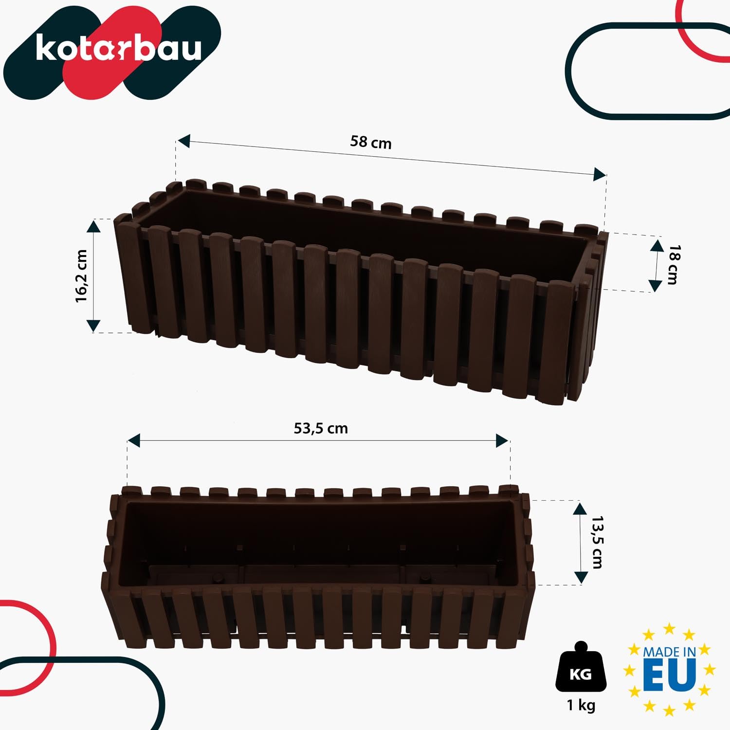 KOTARBAU® 4 pz Fioriera da Esterno - Vaso Fiori - Plastica - 58 x 18 x 16 cm - Marrone - Fioriera da Balcone - Vaso Rettangolare da Esterno - Vasi per Piante