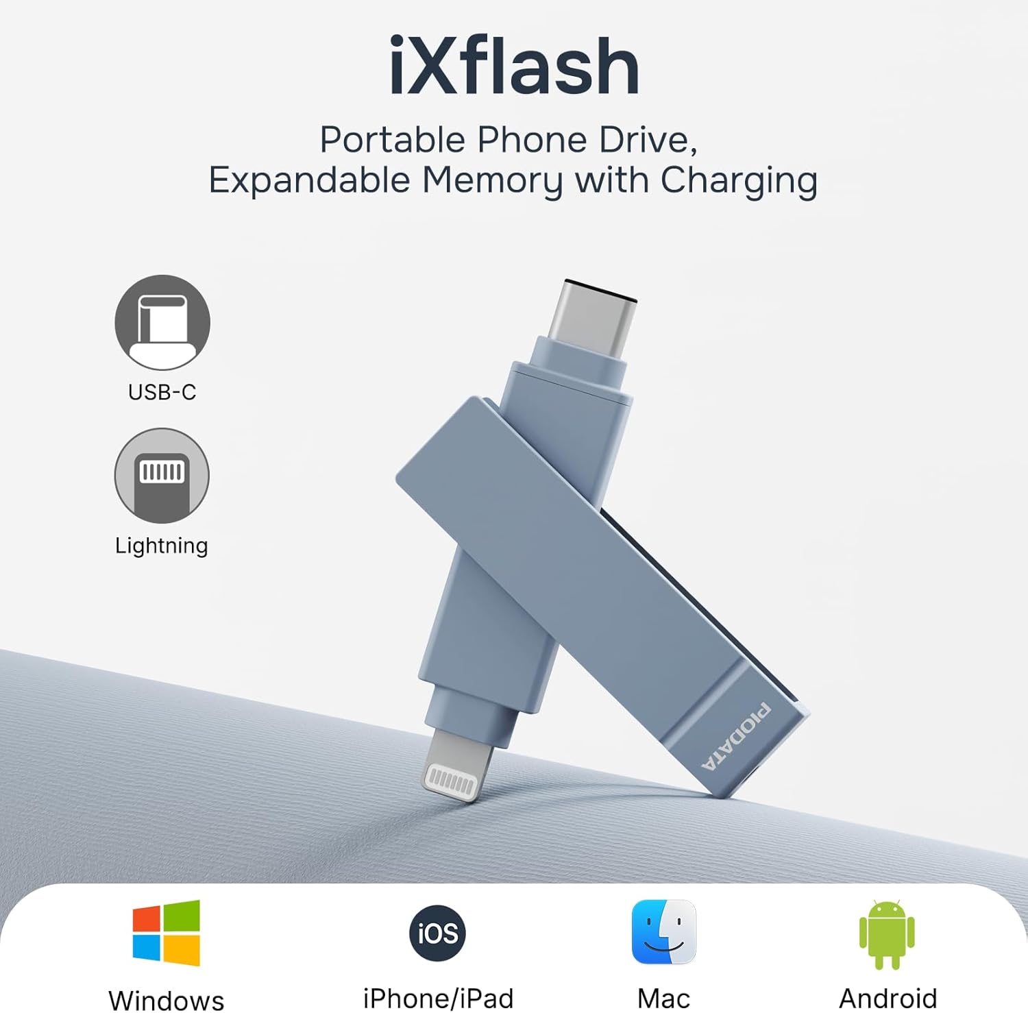 iXflash iPhone Flash Drive: 128GB Apple MFi Certified, Lightning & USB C Memory Stick Blue 2-in-1 for Phone, iPad & Computer - Photo, Video & Backup Photo Stick with Free APP