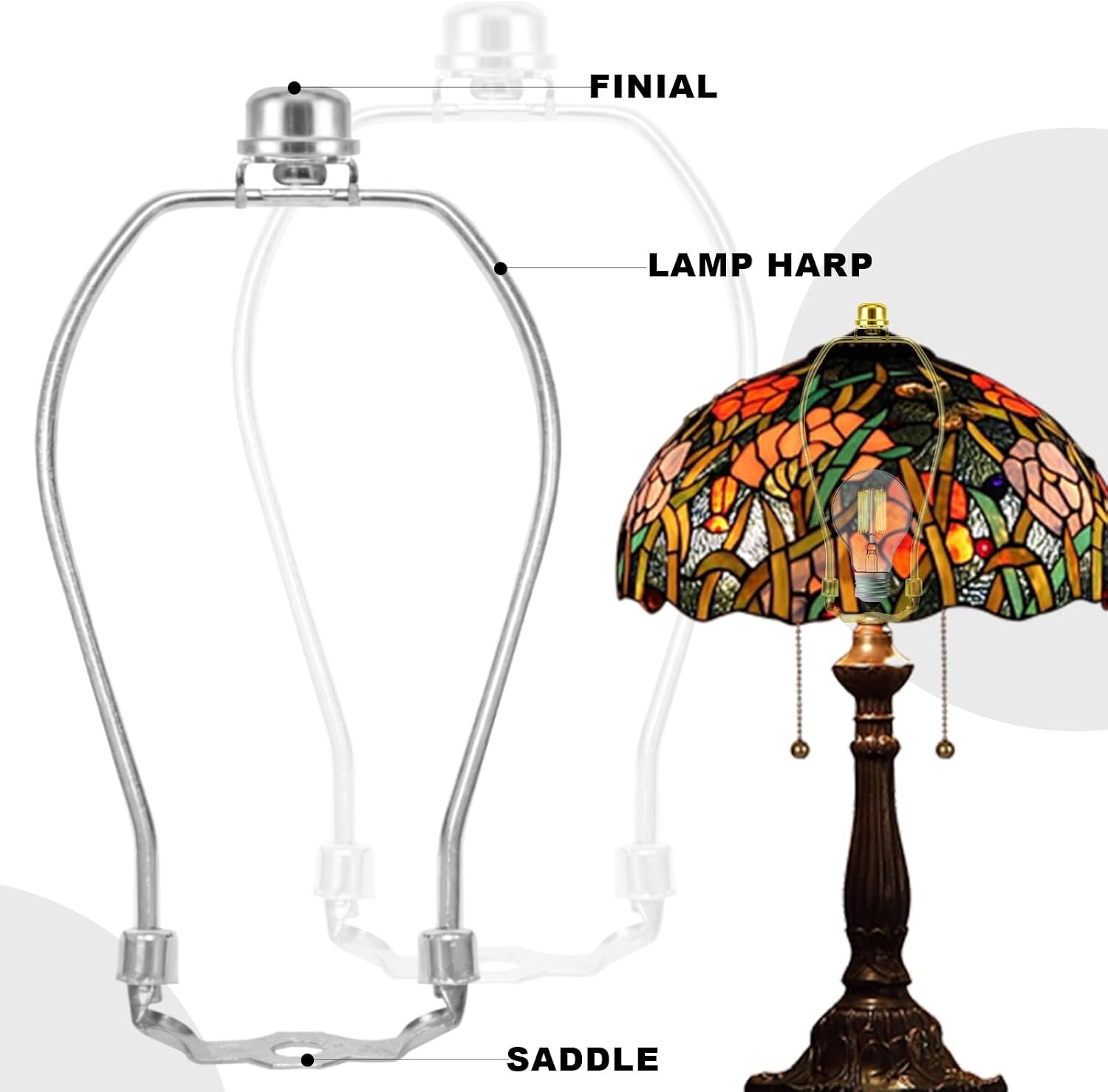 7 Inch Antique Silver Lamp Shade Harp Holder - Detachable Lamp Shade Holder Replacement with Standard Harp Saddle & Lamps Finials, Metal Decorative Accessories and Parts Repair