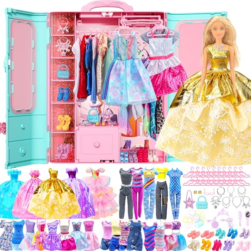 Style Shine 70 Pcs Doll Closet with Clothes & Accessories Set 2 Wedding Gowns 6 Fashion Dresses 2 Casual Outfits 2 Swimsuit 10 Shoes 20 Hanger 27 Accessories Dress up Toys for Girls Kids Gift