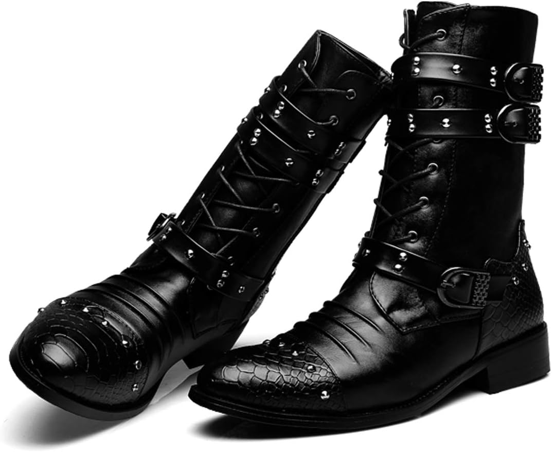 Santimon Men's Boots Retro Studded Rivet Buckle Zipper Western Motorcycle Combat Boot Heavy Metal Punk Rock Black - Image 3