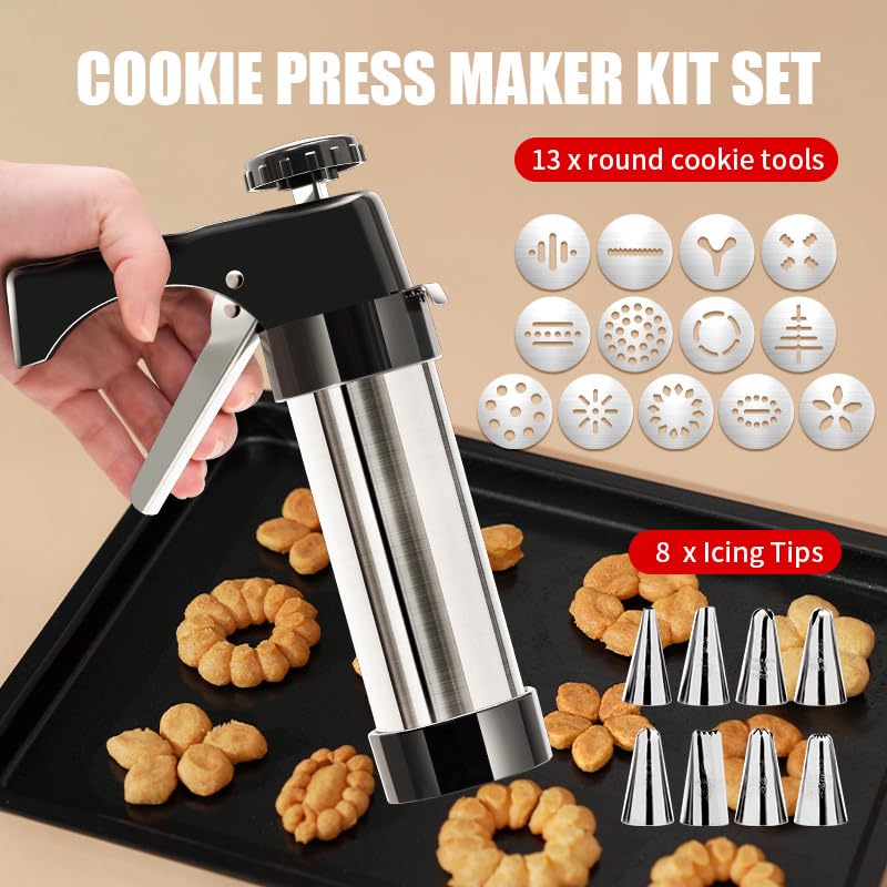 Presse à biscuits Spritz en acier inoxydable avec 13 disques et 8 douilles pour la décoration de biscuits et de gâteaux, noir