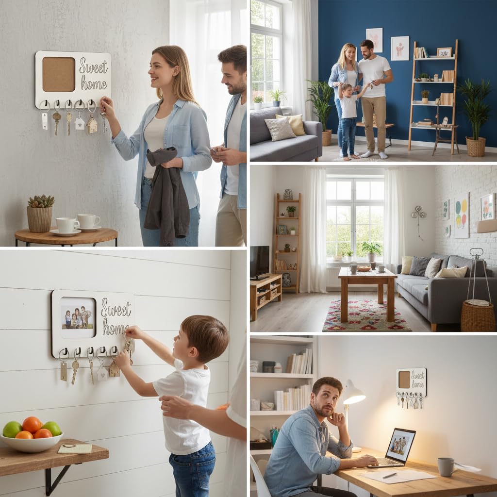 Colgador de Llaves Madera con Marco de Fotos 6 Ganchos, Llavero de Pared para Colgar Llaves sin tacos Colocar Llaves Colgador de Llaves Personalizado (MARCO)