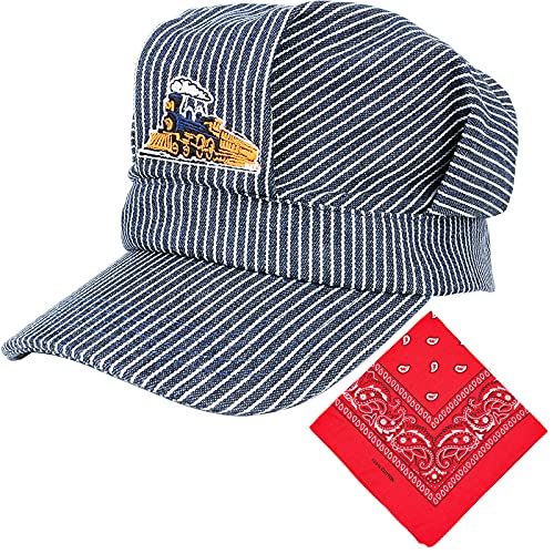 Engineer Cap Classic Blue and White Stripes Train Conductor Hat Paisley Bandanna (2 IN 1) Train Conductor Dress Up Kit for Children
