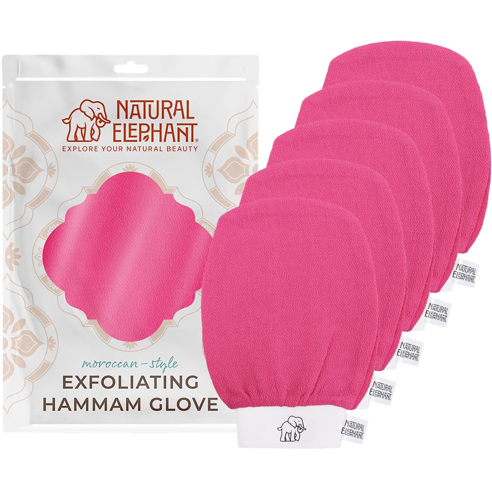 Natural Elephant Exfoliating Hammam Glove | Authentic Moroccan Kessa Body Scrub Mitt for Spa-Quality Skin Renewal | Pink Tulip 5 Pack