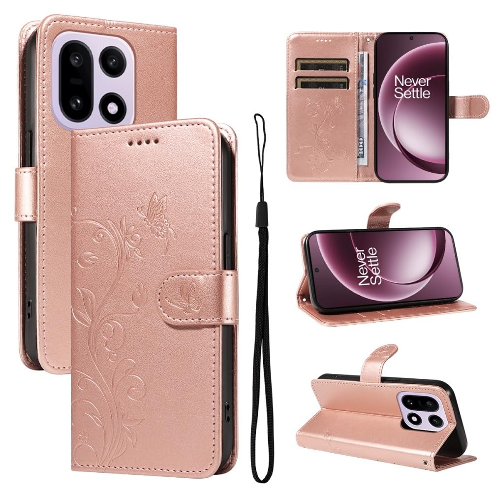 Generic Étui compatible avec Oppo A79 5G (couleur : or rose) Étui portefeuille à rabat magnétique pour cartes, motif arbre papillon