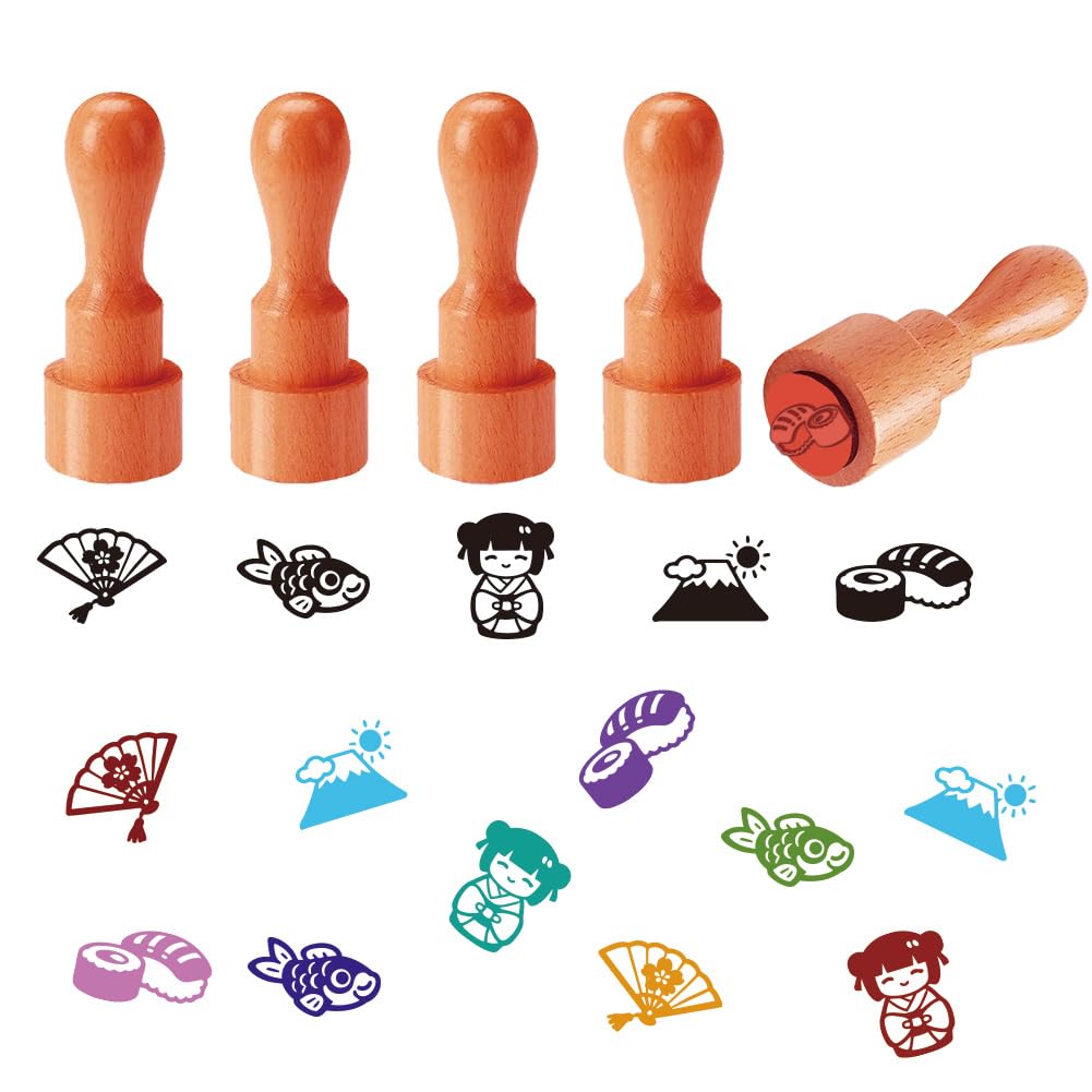 AHANDMAKER 5 Styles Japanese Themed Wooden Rubber Stamps, Mini Round Stamp Cherry Blossom Fan, Fish, Geisha, Mount Fuji, Sushi Stamps for DIY Crafts Scrapbooking Card Making Planner Diary Decoration