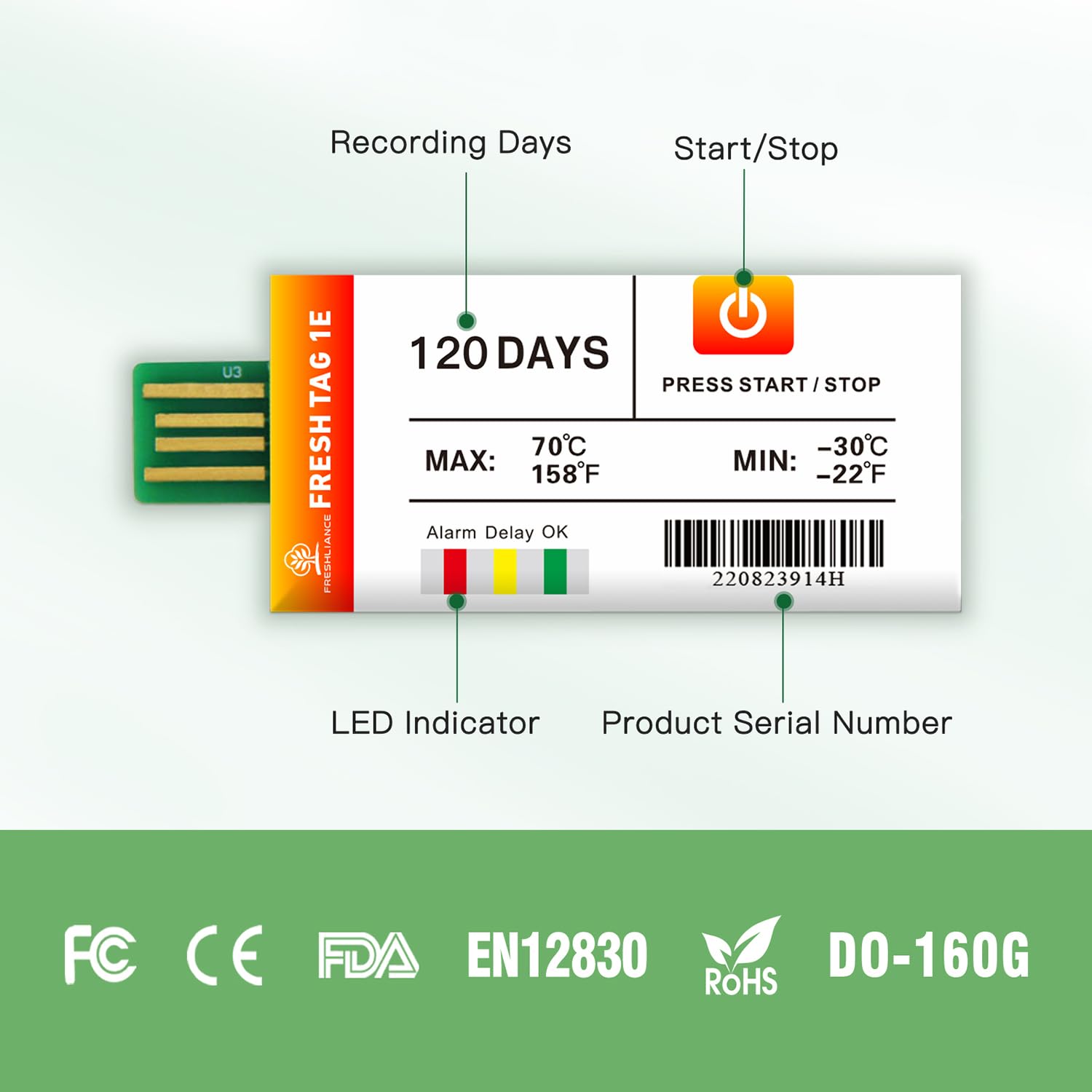Freshliance Registrador de datos de temperatura, registradores de temperatura USB desechables cubren 120 días, alta precisión 20000 puntos con informes PDF CSV, para transporte fresco, etiqueta fresca