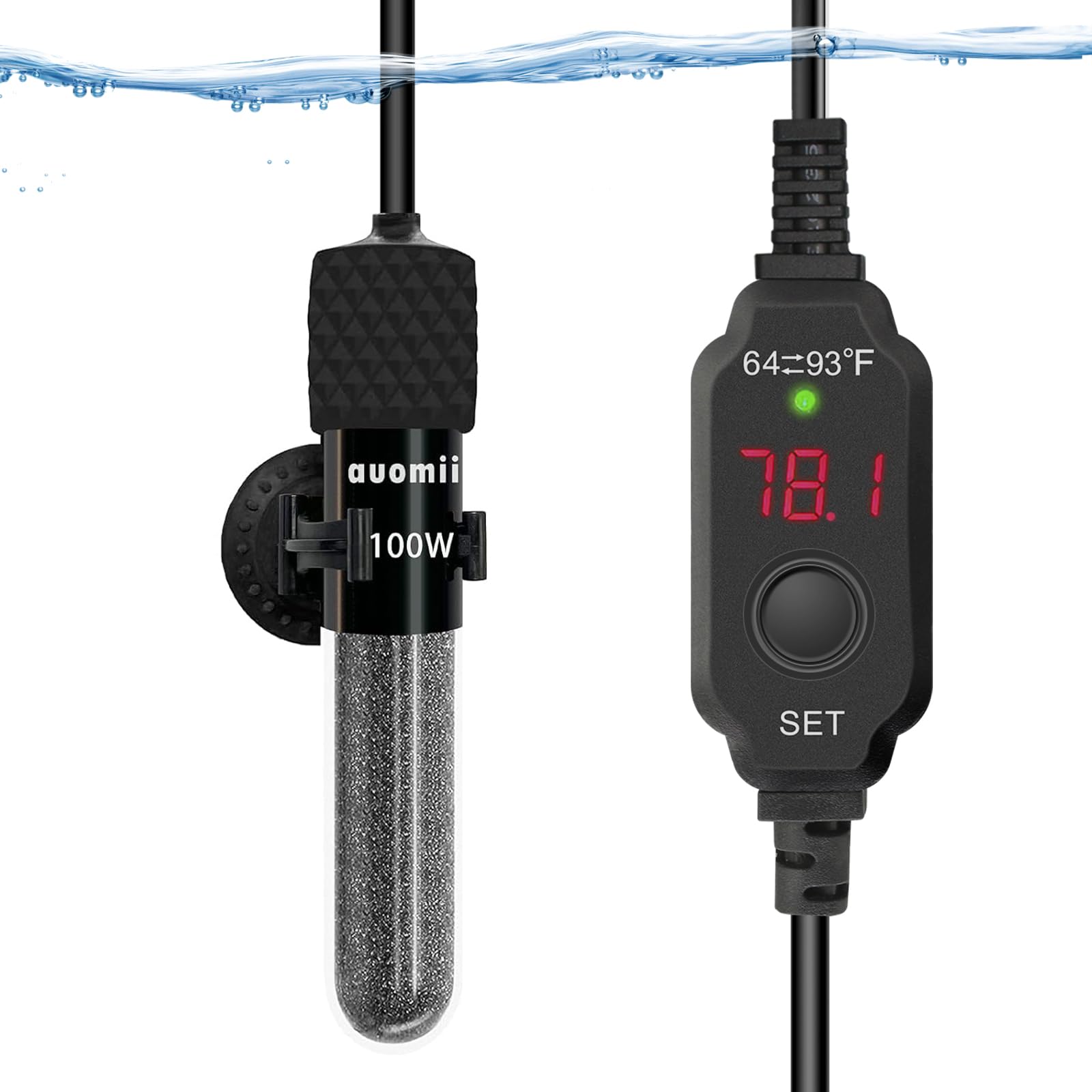 Small Submersible Aquarium Heater,Adjustable Mini Fish Tank Heater 25/50/100/150/200/300 Watts with External Temperature Controller, LED Display, Smart Memory, Used for 1-60 Gallons (100W)
