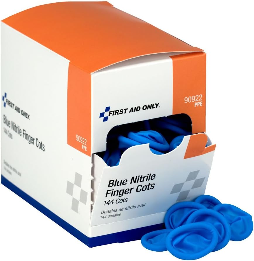 First Aid Only 90922 Blue Nitrile Finger Cots, Disposable Rubber Finger Protectors for Offices, Kitchens, Home, and More, 144 Pack