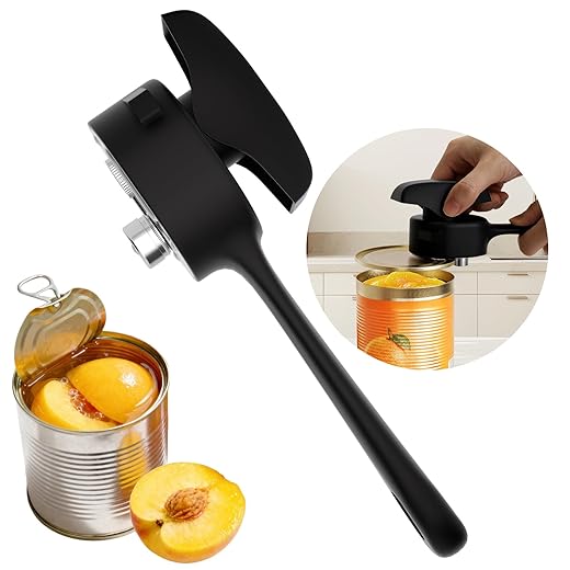 Smooth Edge Can Opener Manual and Bottle Openers，3 in 1 Safety Can Openers Oversized Handheld Turn Knob, Hands-free Lid Remover Design ，Black