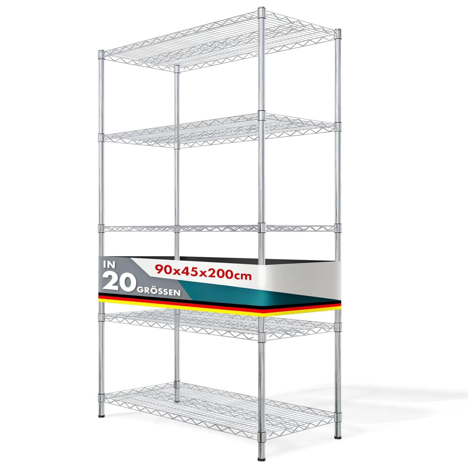Estantería Himalaya | Estantería de Metal | Capacidad de Carga Aprox. 150 kg por Estante | Sistema de Almacenamiento Multifuncional | Cromado (90 x 45 x 200 cm | 5 estantes)