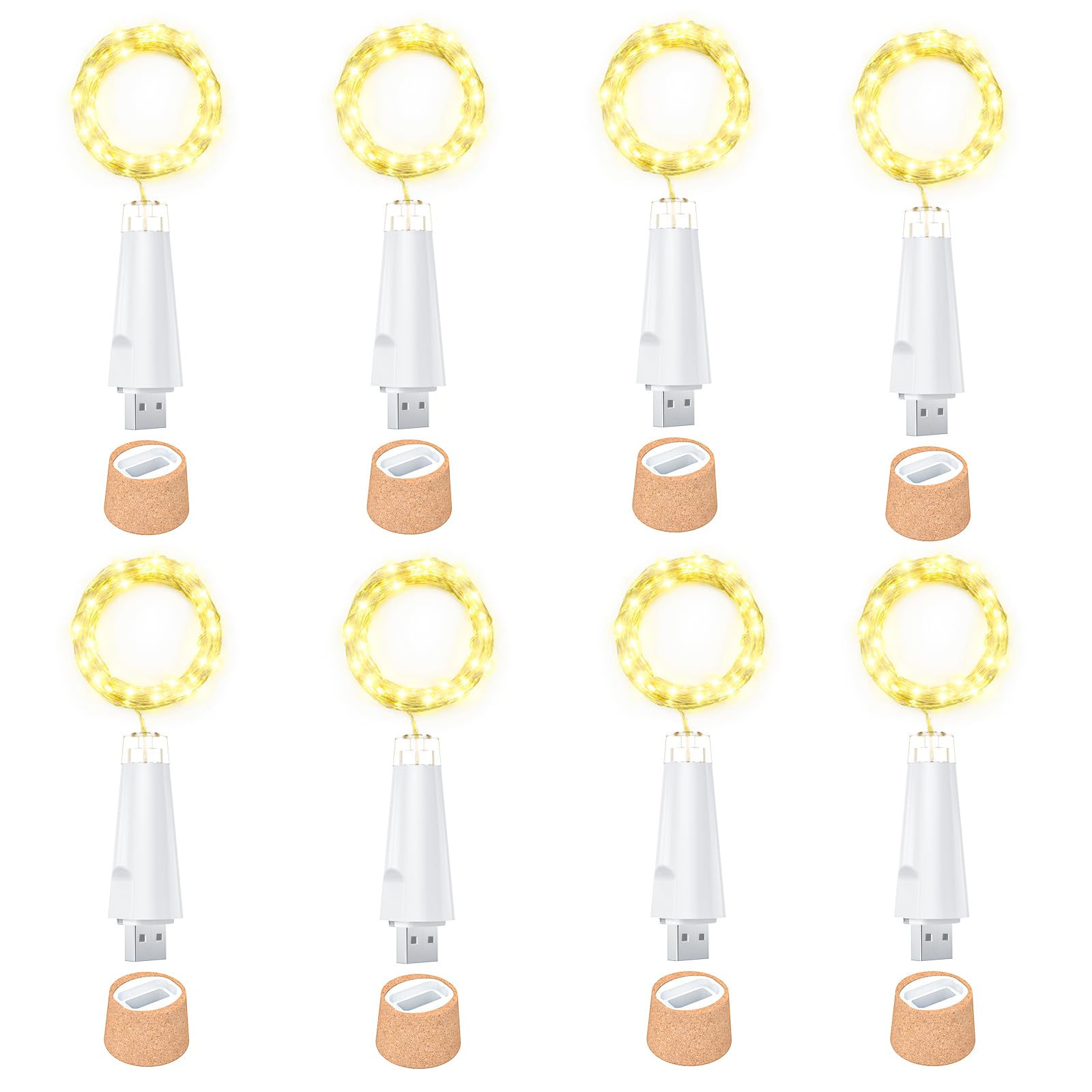 Ceepko USB Bottle Lights Rechargeable Wine Bottle Fairy Lights Cork LED String Lights 20 LEDs Copper Wire for Table Party DIY Decor(Warm White, 8 Pack)
