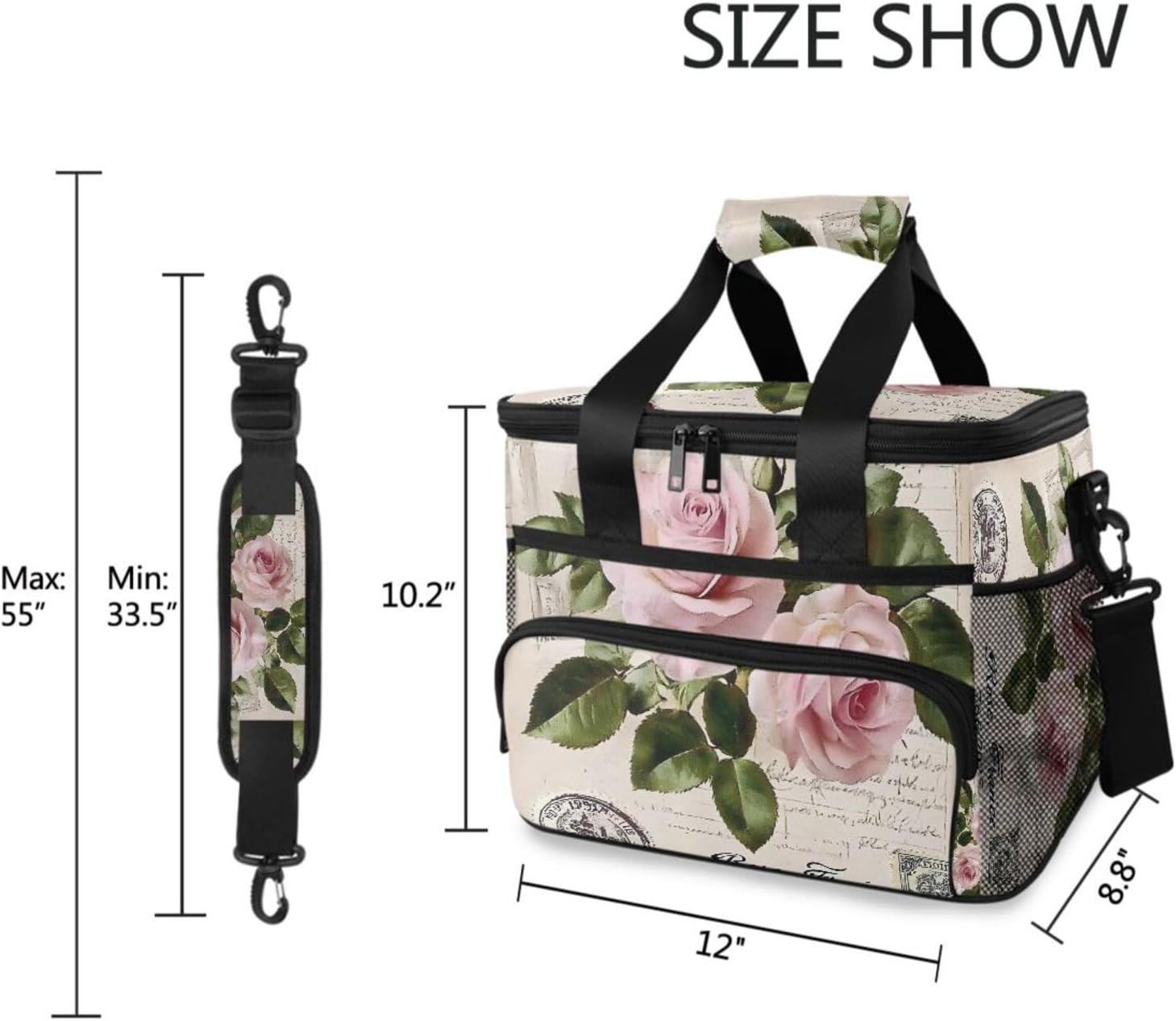 Pink Roses Flower Paris France Cooler Bag Insulated Cooler Soft Sided Cooler 24 Can Portable Picnic Bag Large Leakproof Lunch Bag Box for Beach Grocery Camping Travel Car Men Women