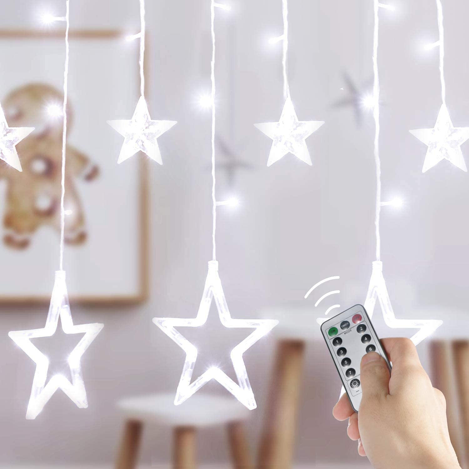 Cadena de luces LED para cortina, funciona con pilas, 2,5 m con 12 estrellas, 138 luces LED, 8 modos de luces de Navidad para árbol de Navidad, fiesta, boda, dormitorio, decoración de Navidad (blanco)