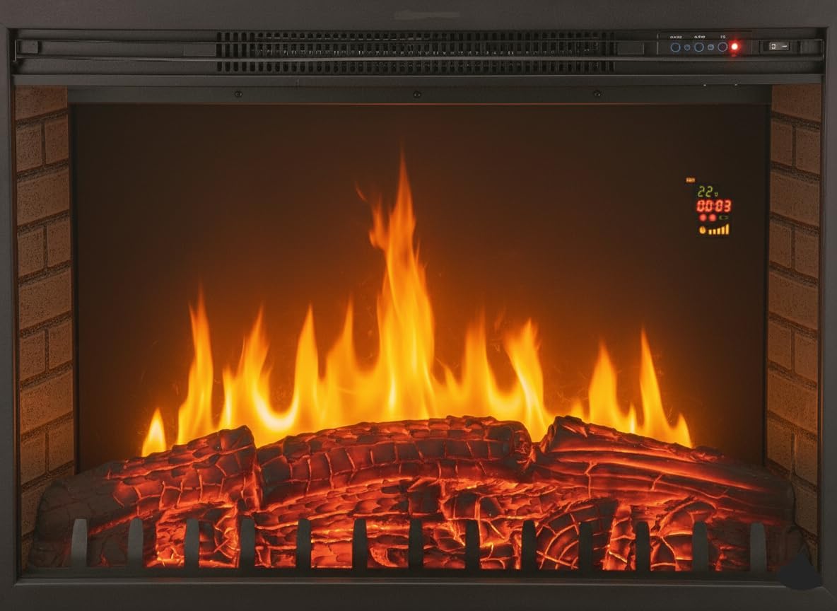 CHEMIN'ARTE Chimenea eléctrica empotrable con calefacción, Efecto de Llama - Inserto de Chimenea - Mando a Distancia - 76x23x54cm