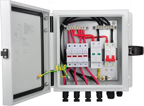 PV Combiner Box, 4 String Metal Solar Combiner Box with 15A Rated Current Fuse, Surge Protective Device and 50A Air Circuit Breaker for On/Off Grid Solar Panel System, Pre-Wired Cable