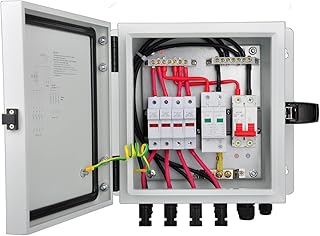 PV Combiner Box, 4 String Metal Solar Combiner Box with 15A Rated Current Fuse, Surge Protective Device and 50A Air Circuit Breaker for On/Off Grid Solar Panel System, Pre-Wired Cable