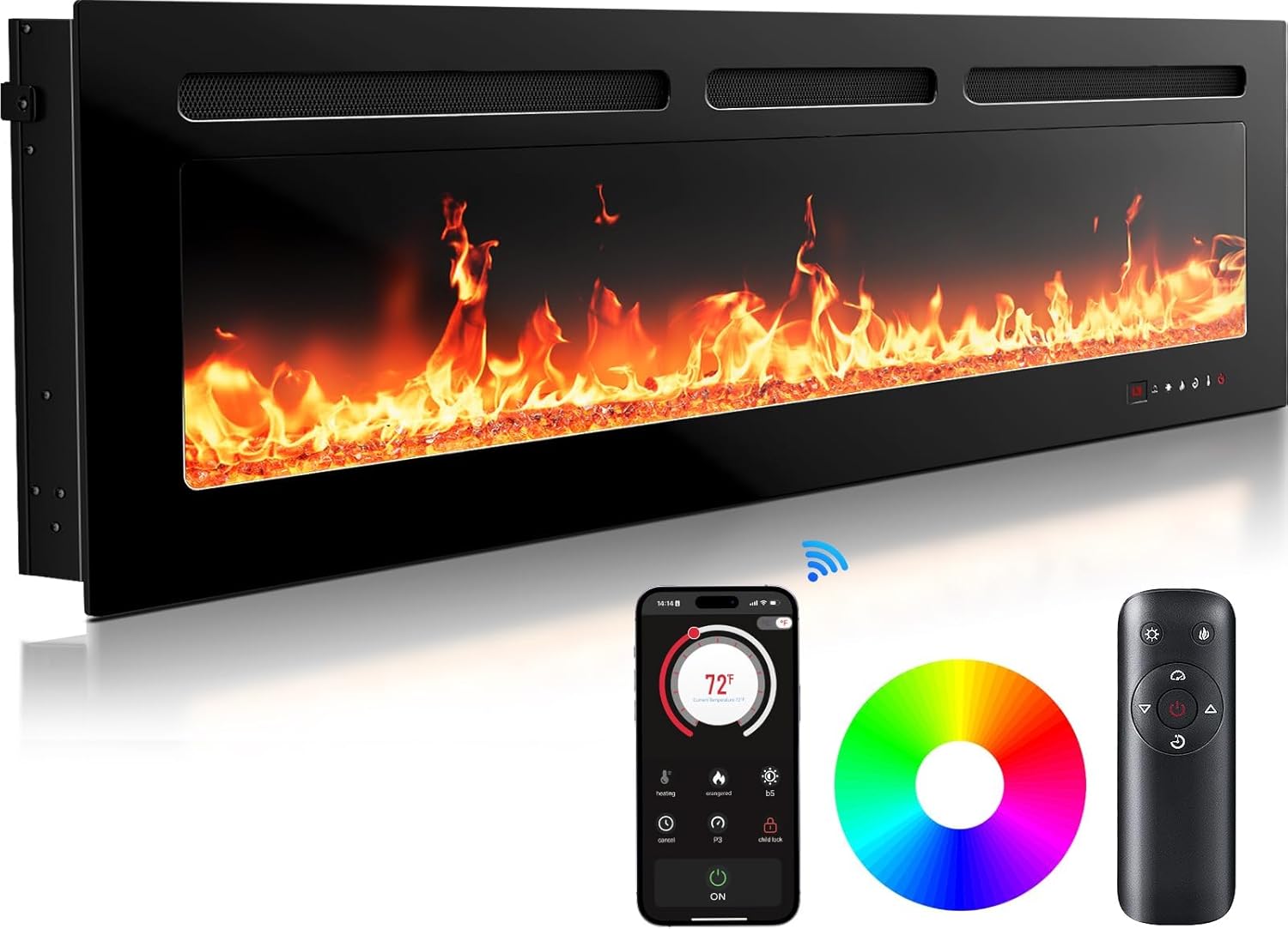 Silonn 50″Smart Electric Fireplace Heater with App & Remote Control, 5300 BTU Heat Output, Ultra-Slim Wall-Mounted or Recessed Electric Fireplace Inserts with Timer, 20 Flame Colors,WiFi Enabled