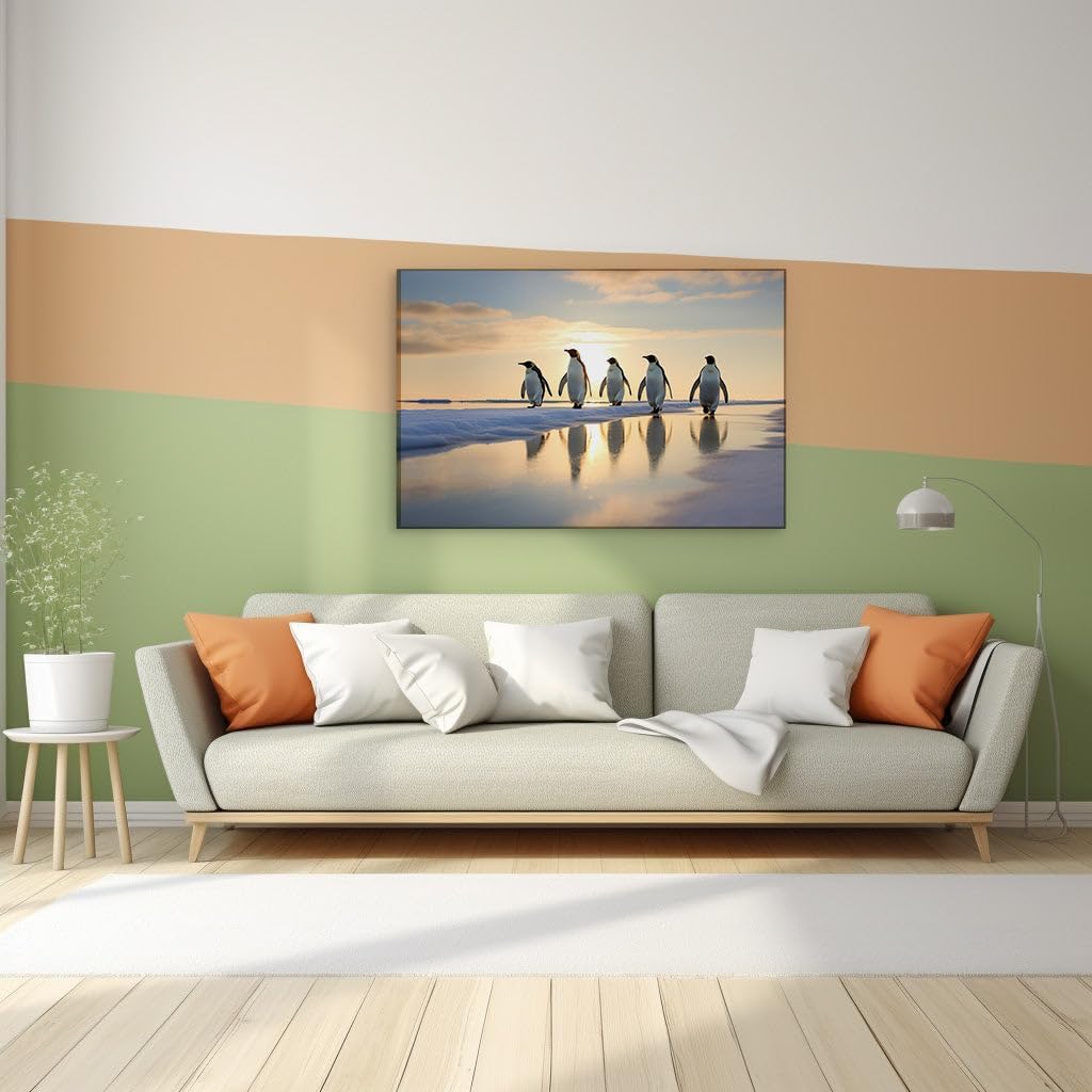 Canvas for Living room. Penguin Parade at Sunset: A Symphony of Ice, Light, and Serenity, 27 x 18 inch Canvas Wall Art - Modern Home Decor - 91x61 cm (36x24 inch)