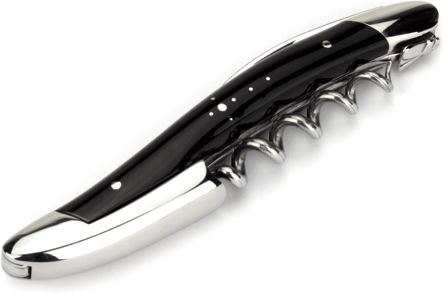 corkscrew sommelier waiters knife - 3 functions - dark buffalo horn tip handle - stainless steel shiny