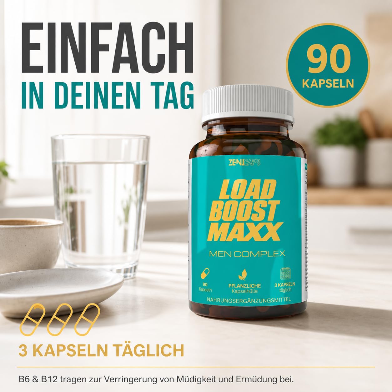 Load Boost Maxx Men Complex Kapseln – mit L-Arginin, Maca, Tribulus, Ashwagandha, Ginseng, Zink, Selen, Magnesium, B6 & B12 – 90 vegane Kapseln, 3 täglich