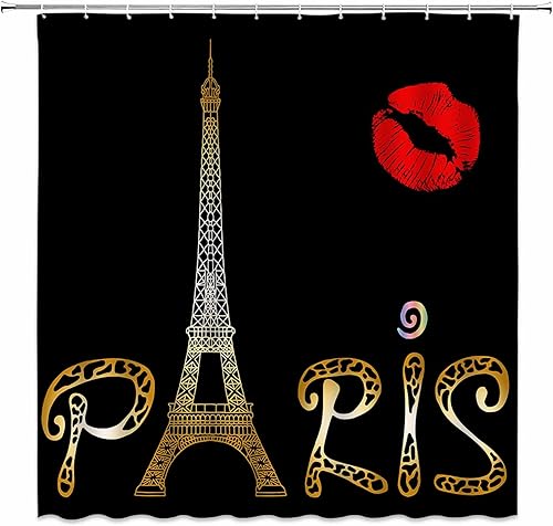 Cortina de ducha con diseño de Torre Eiffel labios rojos abstractos silueta de París vintage letras doradas románticas fondo negro arte moderno