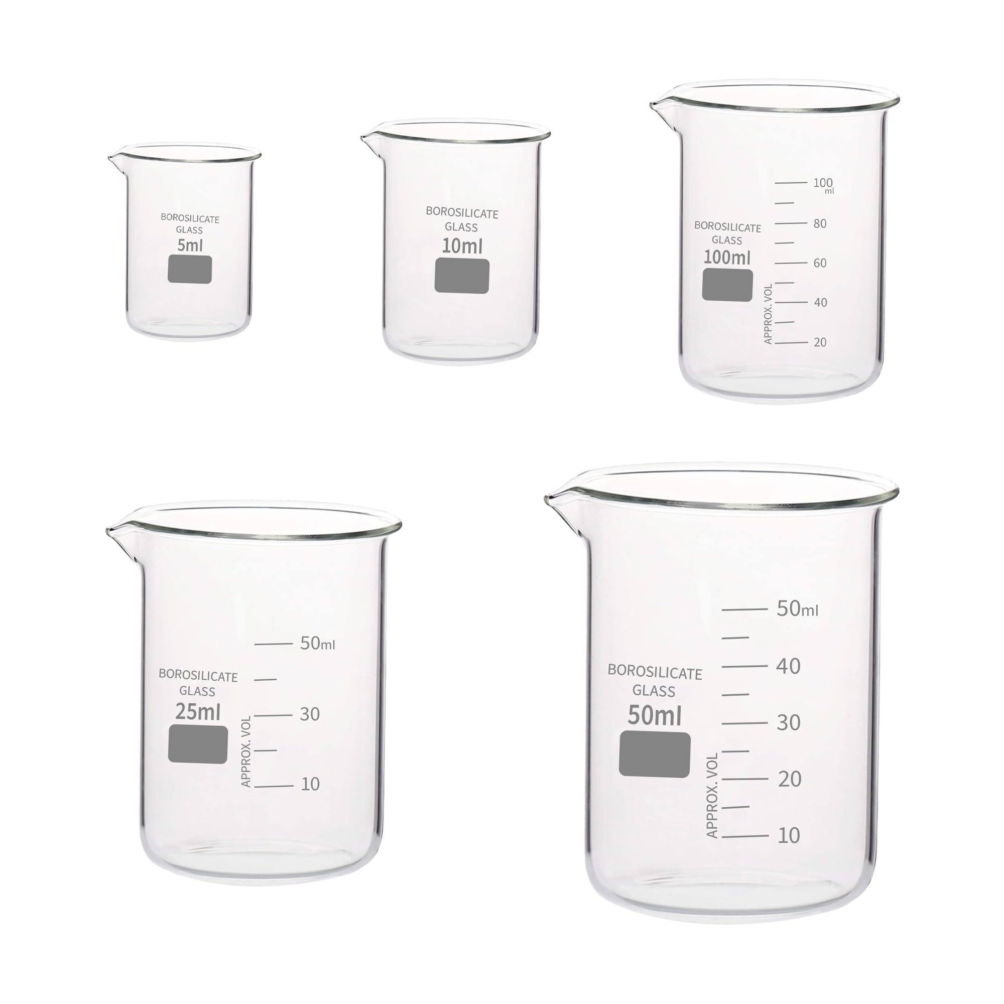 5 Pcs | Graduated Glass Beaker Set | 5ml, 10ml, 25ml, 50ml, 100ml | Borosilicate 3.3 Glass | Ideal for Labware in Biology and Chemistry Laboratories (White Graduations)