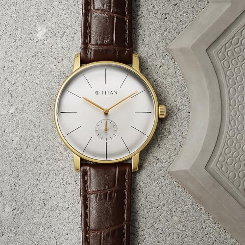 Image of Titan Elegance Analog with Small Second and White Dial Brown Leather Strap Watch for Men - 90203BL01