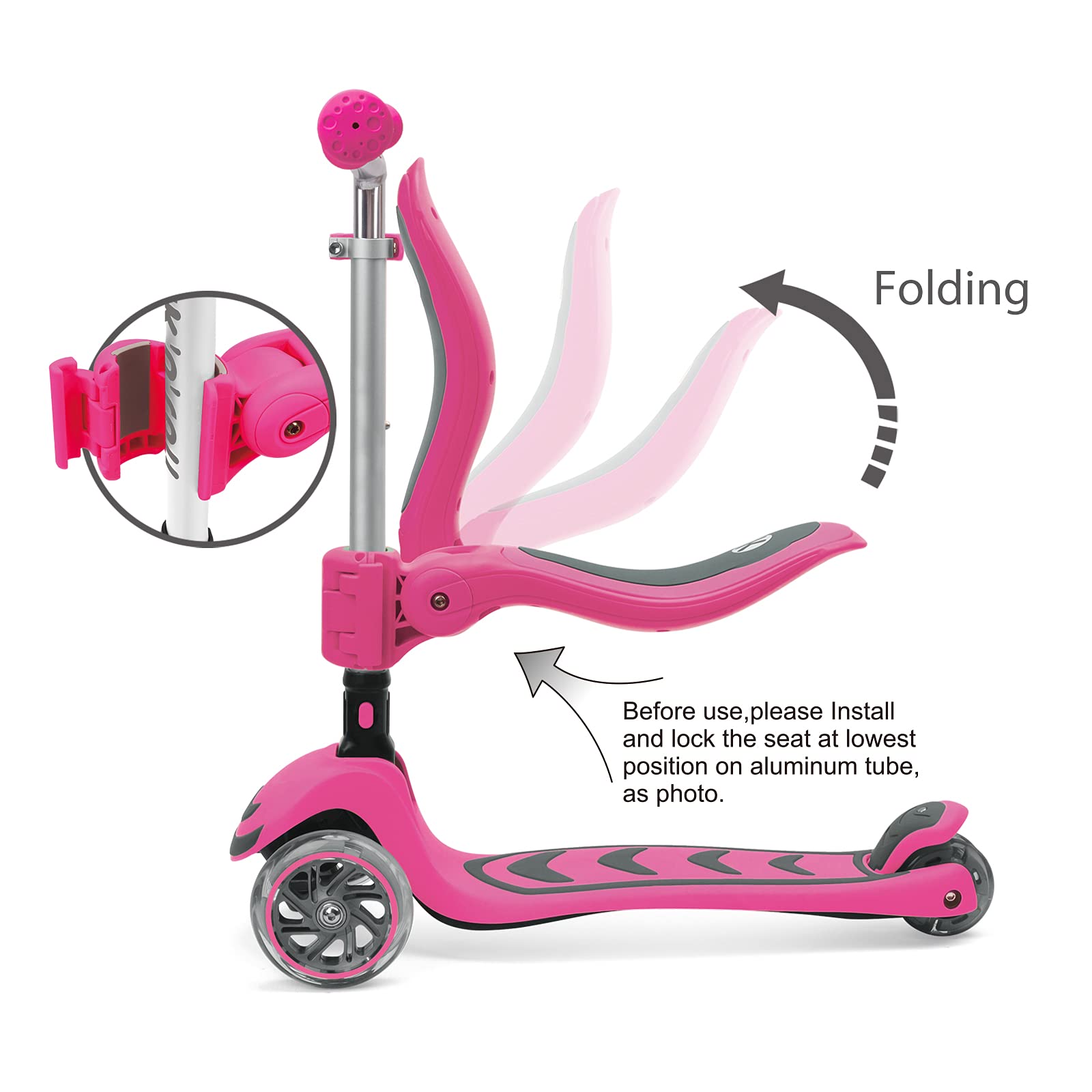 Kicknroll Patinete de 3 Ruedas Luminoso para Niños sin/con Asiento, 4 de Altura Ajustable y Patinete Plegable, Cubierta Extra Ancha, Scooer para Niños Niñas de 2 a 12 Años Soporte de 50 kg