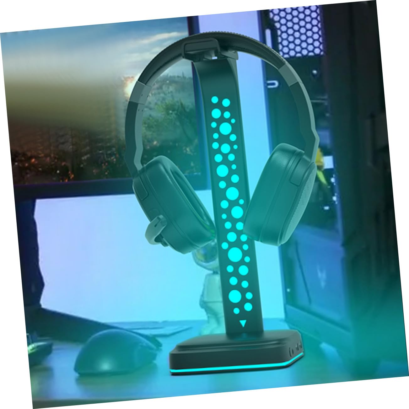 Soporte para Auriculares de Mesa con Luz RGB Ajustable Base Antideslizante Doble USB Hub y Conector Aux Compatible con PC y Gaming
