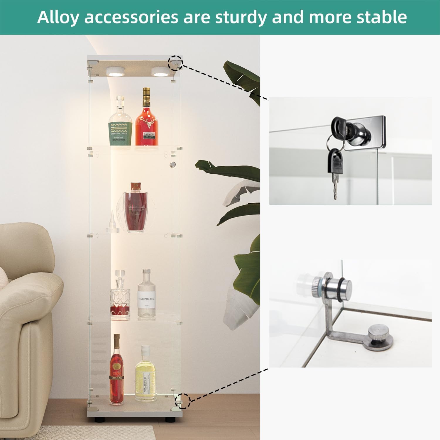 BPKADHY Vitrine en verre sur pied - Éclairage LED avec serrure et 1 porte et 4 compartiments - Vitrine avec verre - Vitrine de collection LED pour objets de collection, livres, modèles