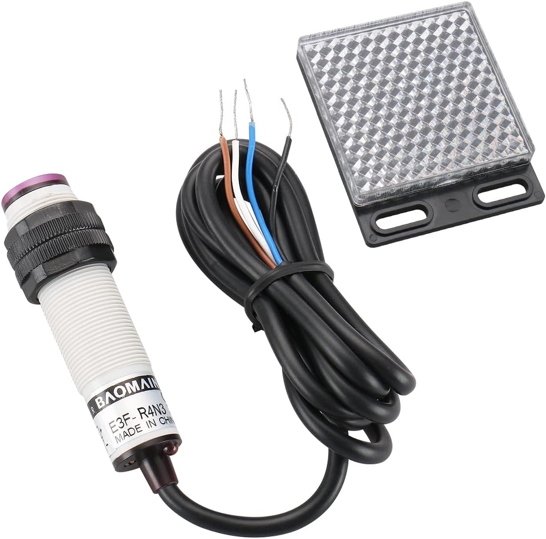 Baomain Photoelectric Sensor E3F-R4N3 Retroreflective Optical Sensor Switch DC 10-30V NPN NO+NC Sensing Distance 4m with Reflector Panel