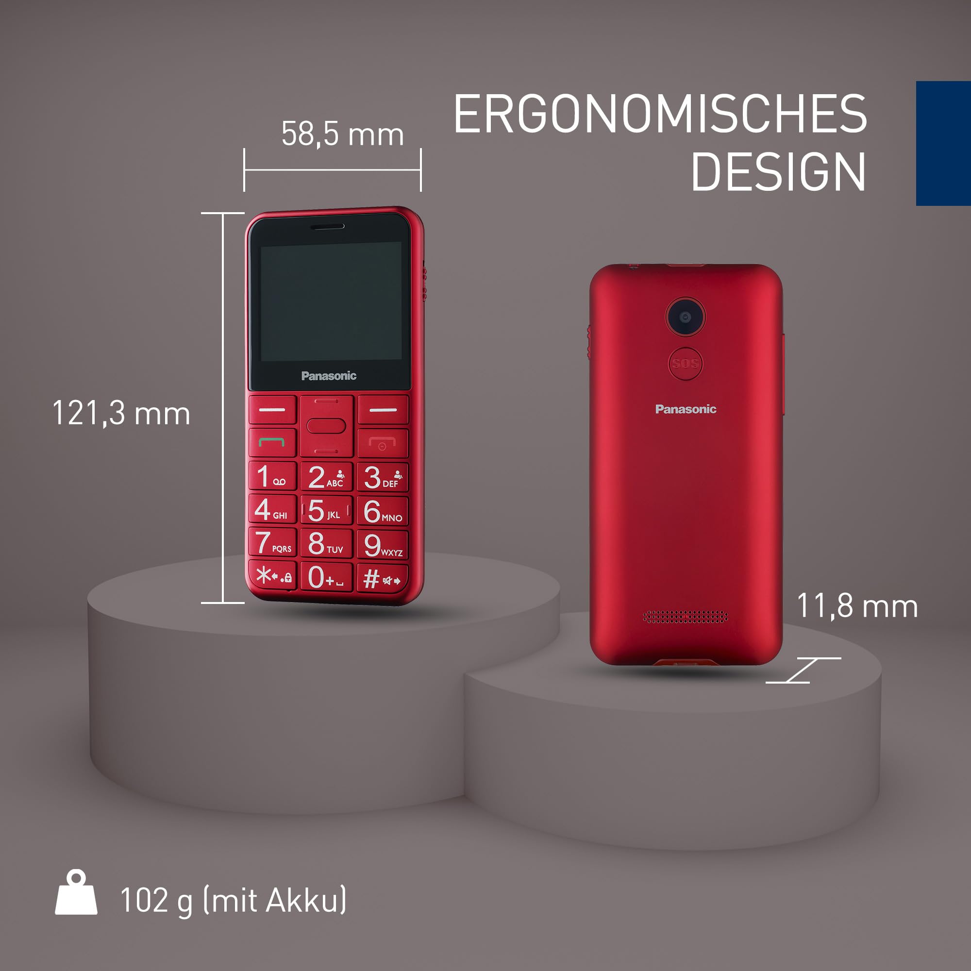 Panasonic KX-TU155EXRN 2G Essentials Handy für Senioren (Ladestation, SOS-Notfalltaste, Prioritätsanruf, Großtastentelefon, hörgerätekompatibel, Bluetooth, UKW-Radio, Kamera) Rot