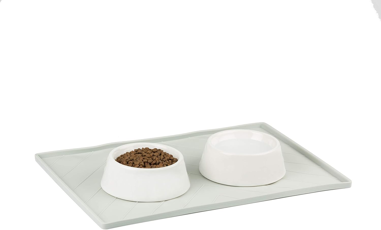 Messy Mutts Silicone Non-Slip Dog Bowl Mat with Raised Edge and Two Sides Reinforced with Metal Rods | Dog/Cat Bowl Mat with Spill-Proof Lip | Large, 24” x 16” | Light Grey