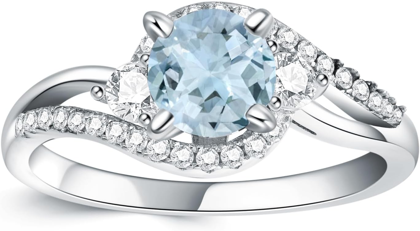 925 Sterling Silver Aquamarine Ring Sky Blue Aquamarine and White Moissanite Aquamarine Engagement Rings Promise Wedding Engagement Aquamarine Gifts for Women
