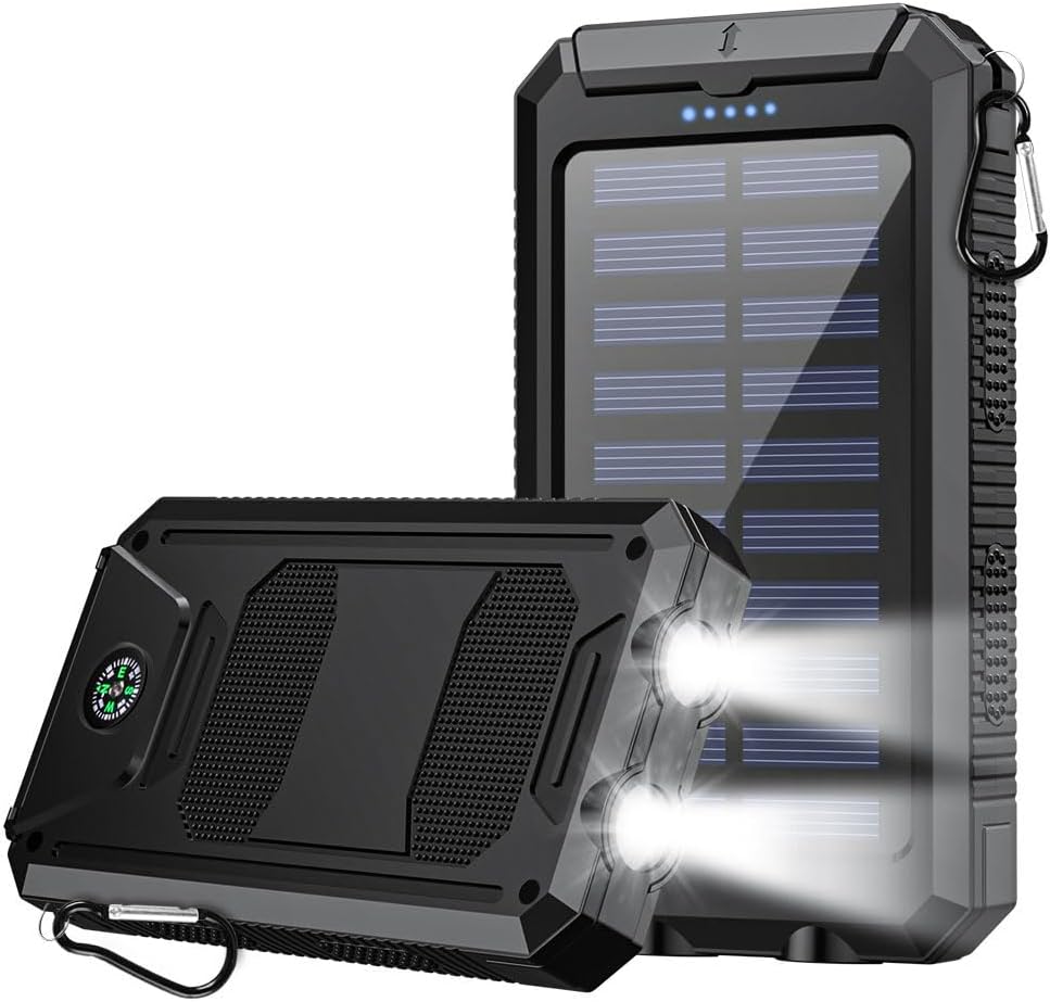 Front view of the NIFFPD 10000mAh Solar Power Bank, showing the solar panel, LED indicators, and carabiner.
