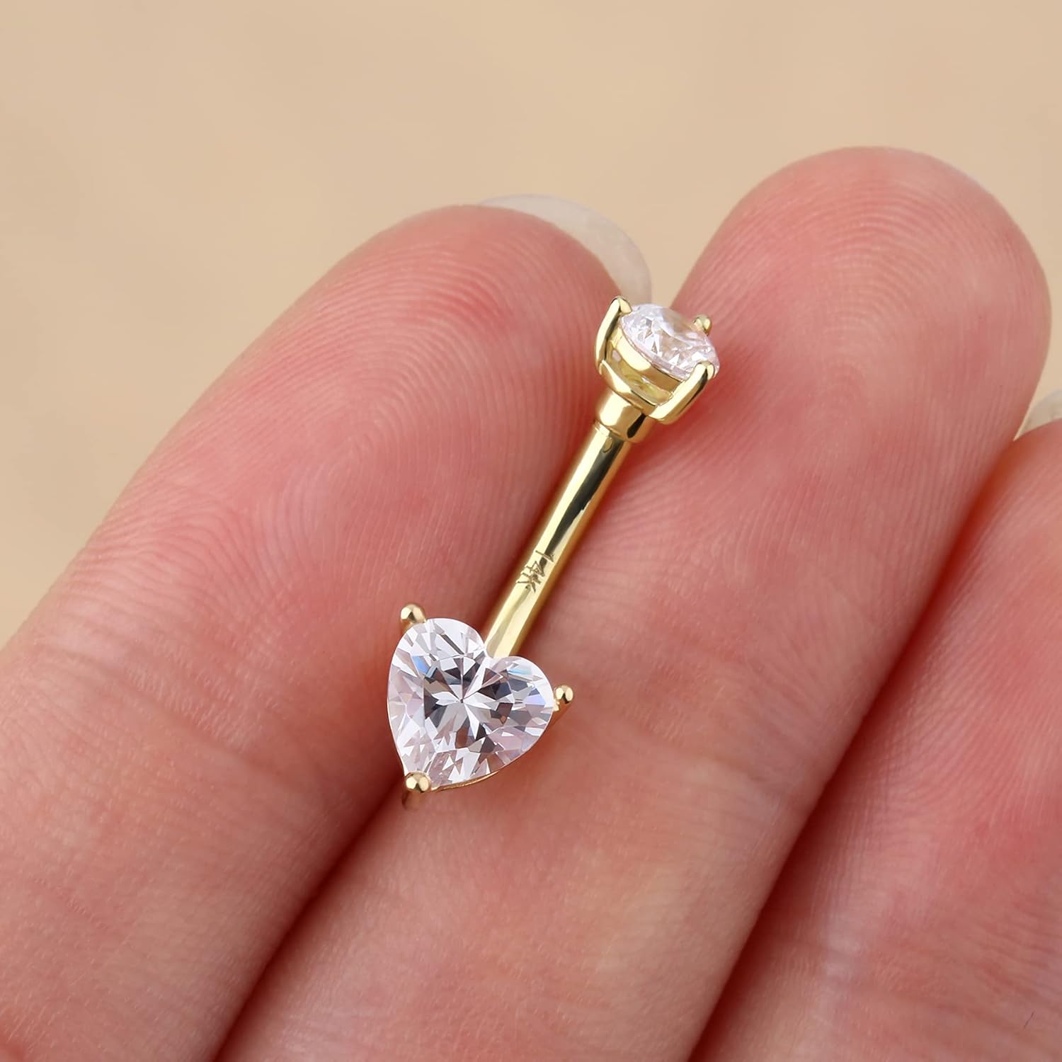 CM Crareesi Mania 14K Solid Gold Belly Rings Heart Cubic Zirconia Belly Button Piercing Rings 14G Yellow Gold Navel Piercing Jewellery Prong Set Navel Rings - Image 4
