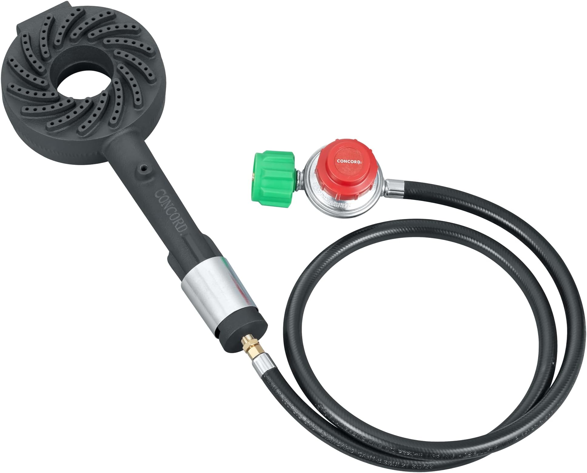 Concord Cyclone Mini Cast Iron High Pressure Burner Head with Top, Side, and Bottom Mounting Options. Single Propane Outdoor Burner Head (Burner Head with Regulator Hose)