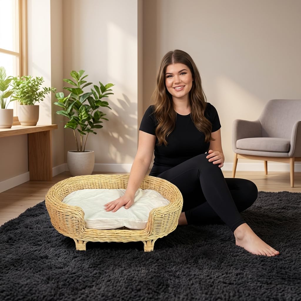 19” x 14” x 6” Handmade 100% Natural Rattan Indoor Cat Bed or Small Dog Bed, Durable & Stylish Indoor Pet Furniture for Cats & Small Dogs