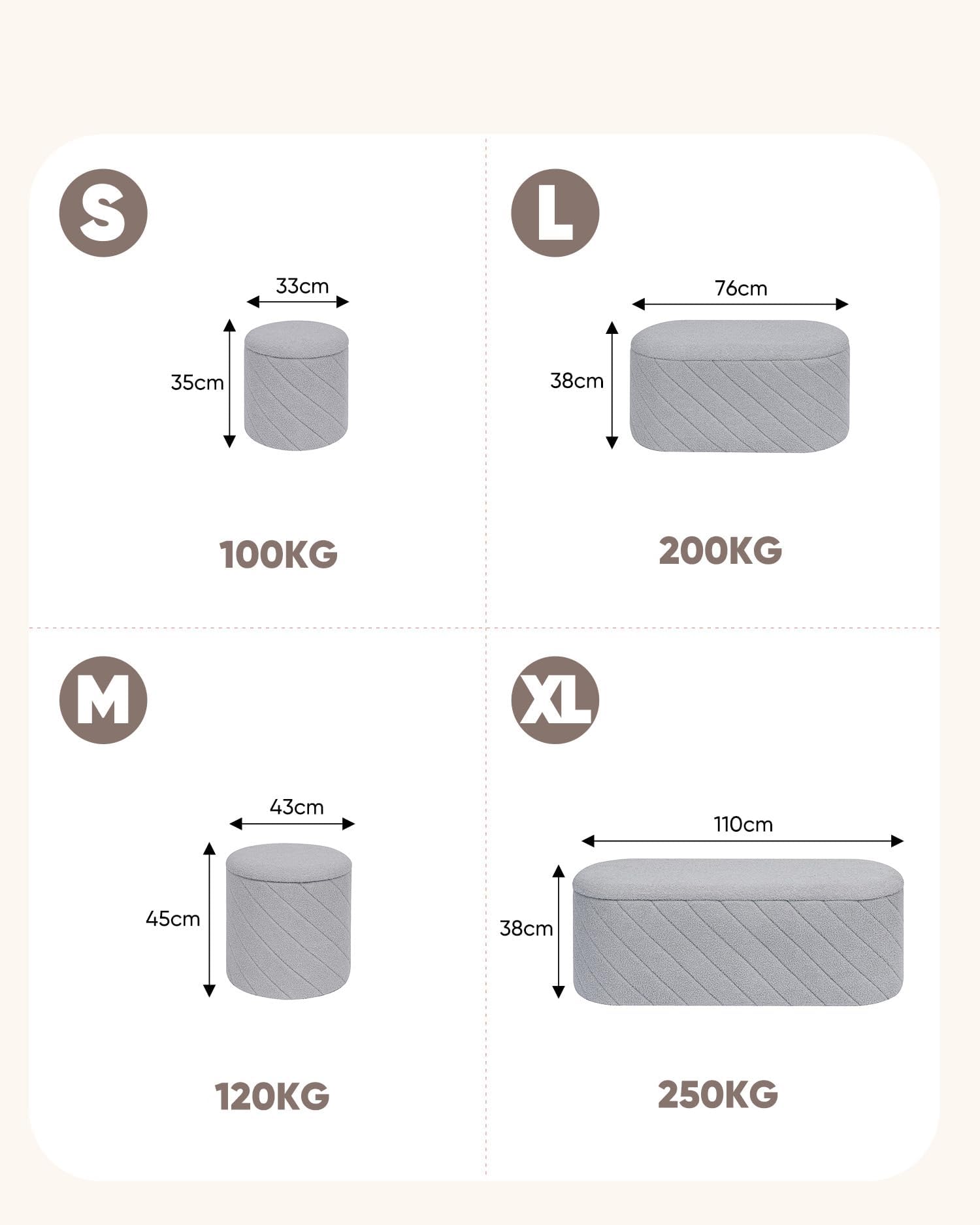 Bonlife Panca ovale con vano portaoggetti, poggiapiedi pieghevole con coperchio, Boucle Bank per piedi del letto, sgabello per soggiorno, camera da letto, ingresso, grigio, 76x38x38 cm